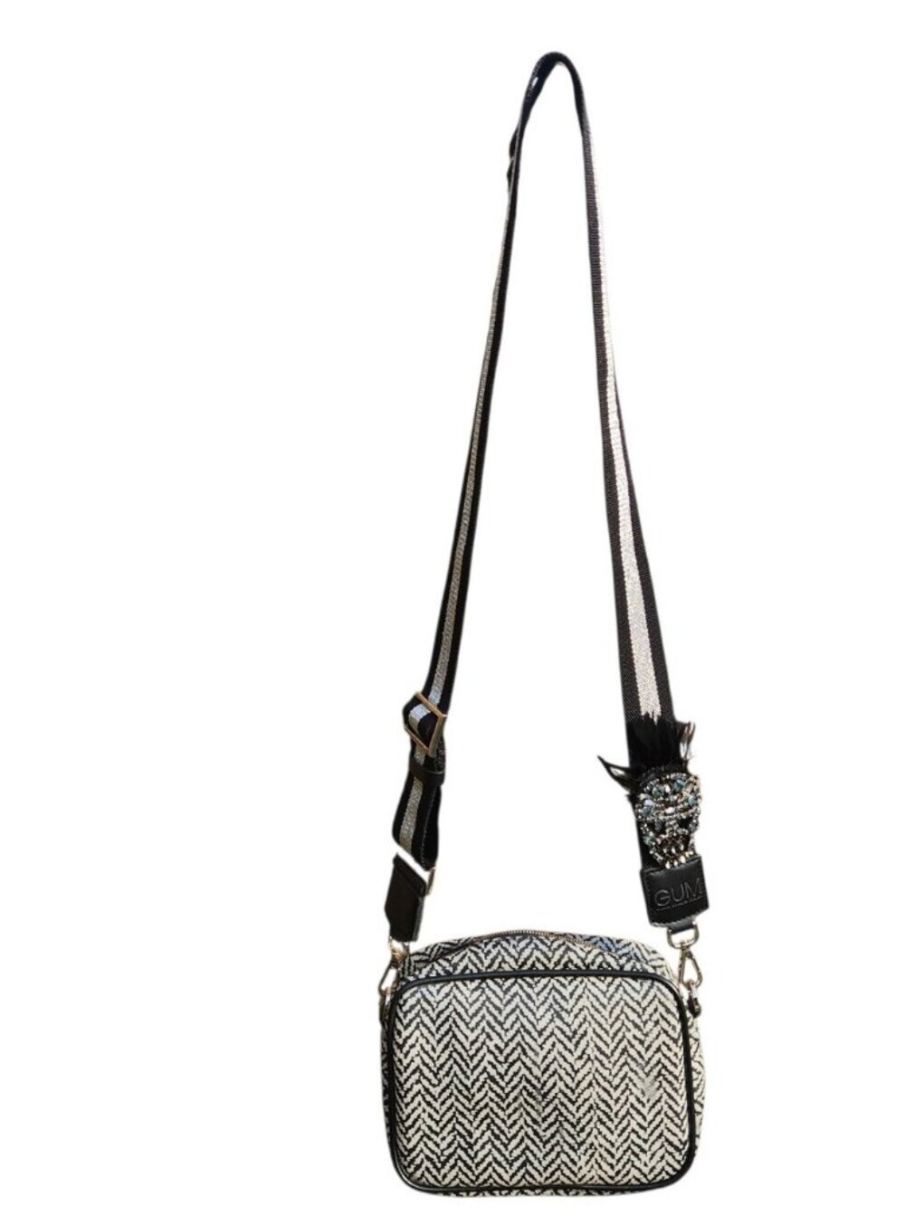 Gianni Chiarini Design Black & White Chevron Crossbody with Embellished Strap